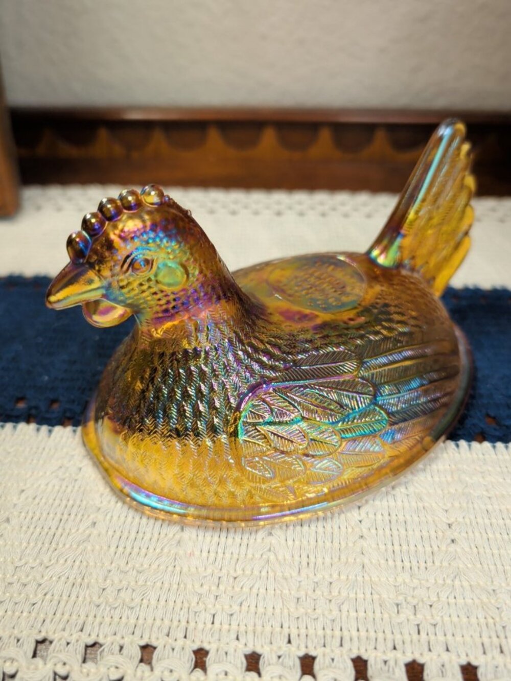 Vintage Indiana Glass Hen on Nest Golden Amber Iridescent Carnival Chip